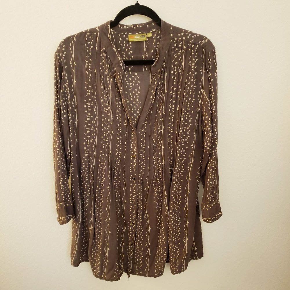 Rock Flower Paper Rayon Long Sleeve V Neck Tunic w/Irregular Dots Sz L/XL EUC